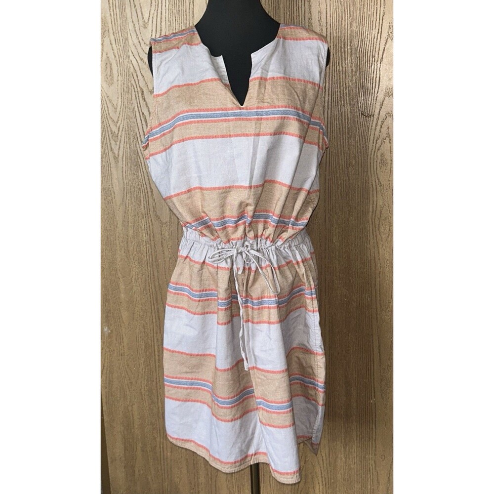 Caslon L Striped Sleeveless Split V-Neck Cinched Drawstring Waist Mini Dress